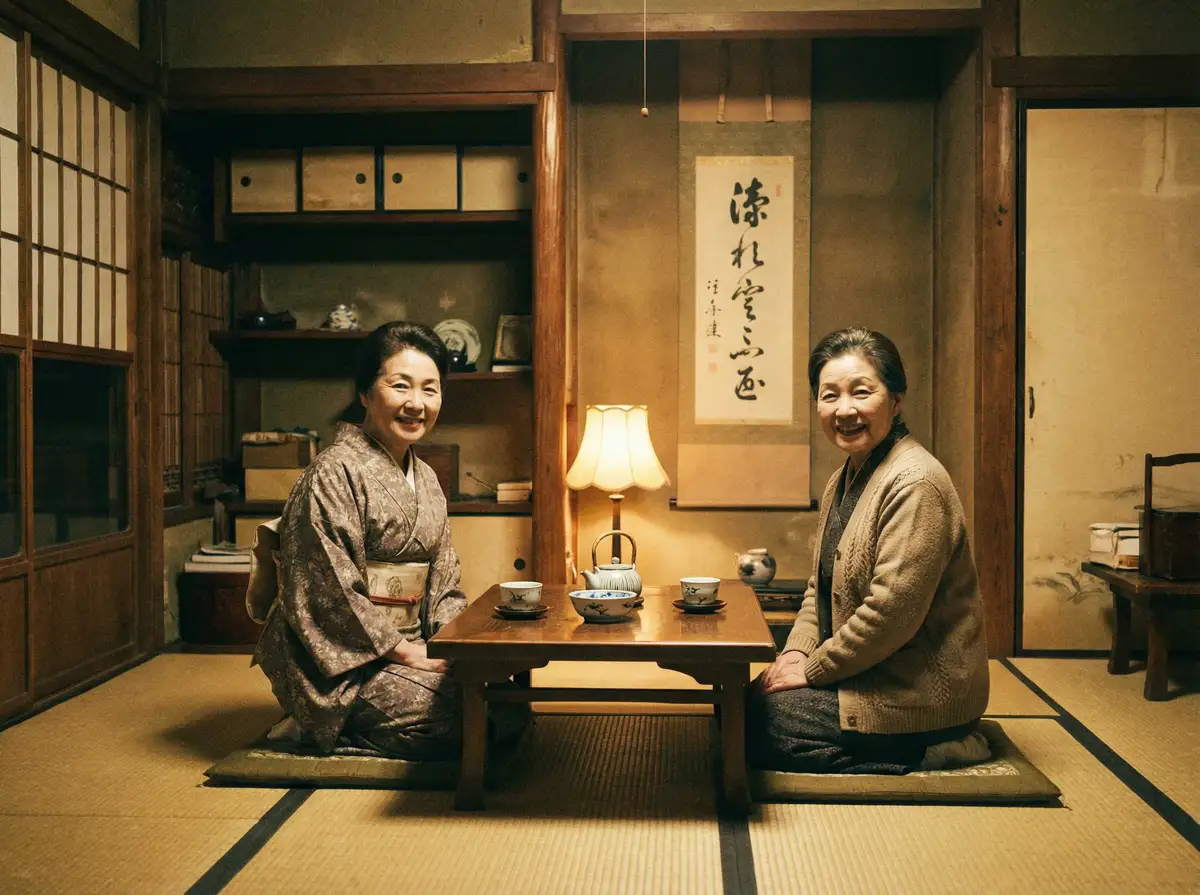 两位优雅的 万利平台 在日式茶室中品茶交谈